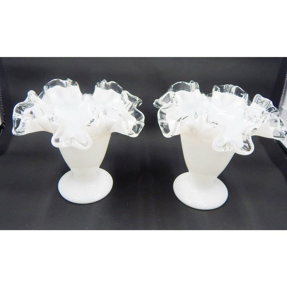 Fenton Milk Glass Silver Crest Ruffled Edge Footed Trumpet Vase 4 Inch Pair